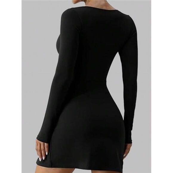 Women's V-Neck Long Sleeve Mini Dress With Side Slit - Picture 3 of 3